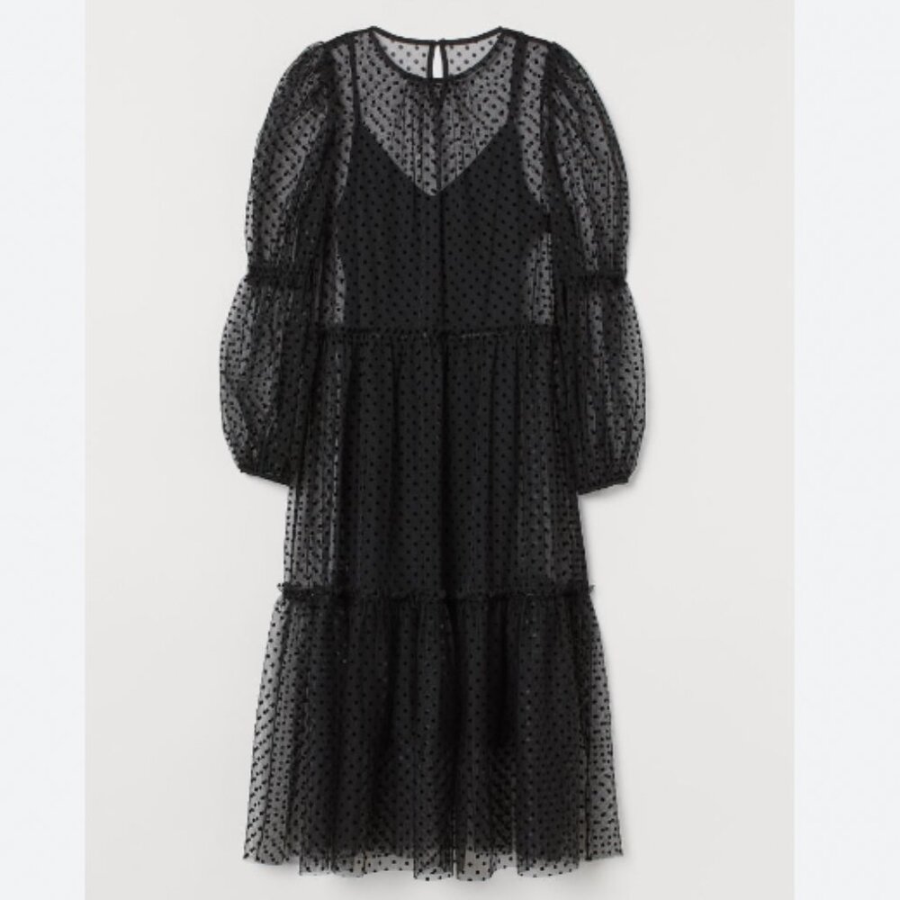 NWT H&M Puff-Sleeved Tulle Polka Dot Dress in Black